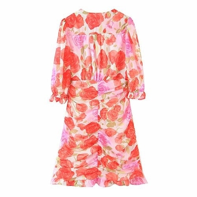 OEM maufactory  Oil Painting Rose Printed Pleated V Neck Polyester Short Sleeve Dress